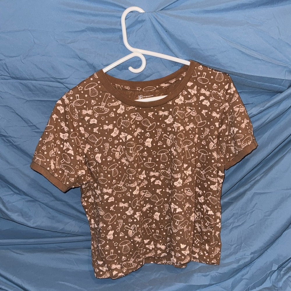 Tan Crop Top with mushrooms, butterflies and dragonflies